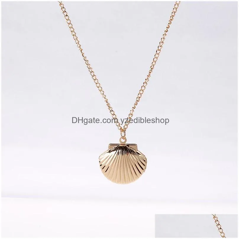 fashion jewelry vintage scallop openable locket p o box shell pendant necklace sweater necklaces