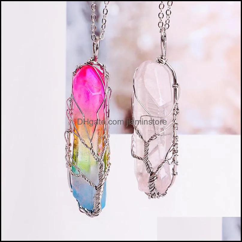 natural stone pendant necklace point hexagonal prism silver color copper life tree wire wrap women men jewelry