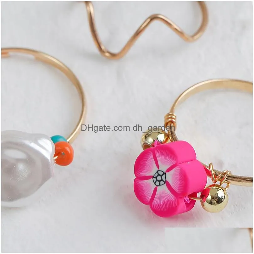 4 pcs/set cute polymer clay flower white heart pearl handmade beaded gold color metal rings set for women party jewelry gifts