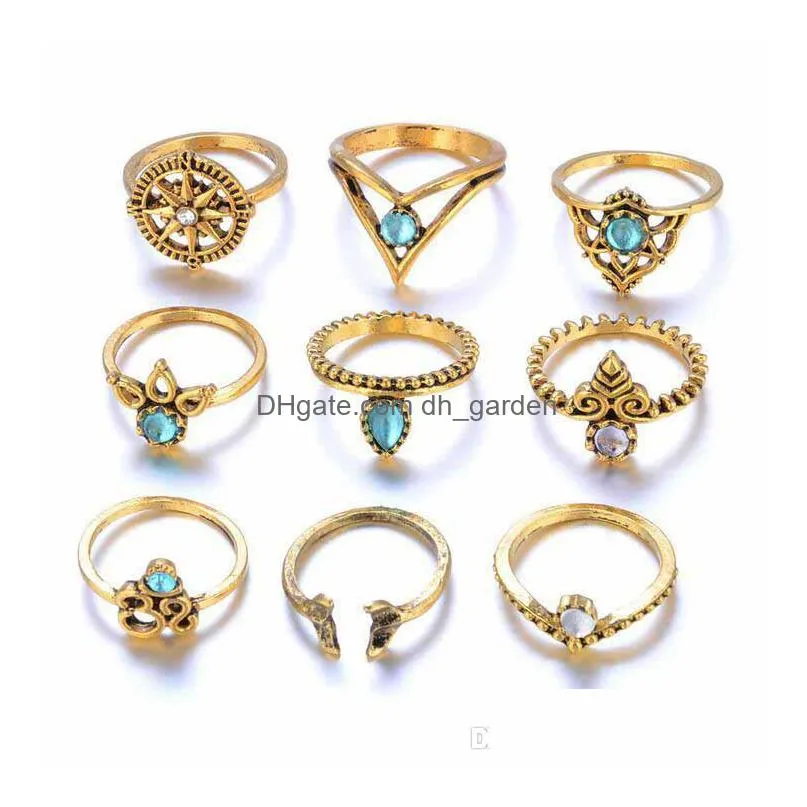 retro 9pcs/ set silver gold boho mermaid tail compass gemstone midi finger knuckle rings for women lady jewelry