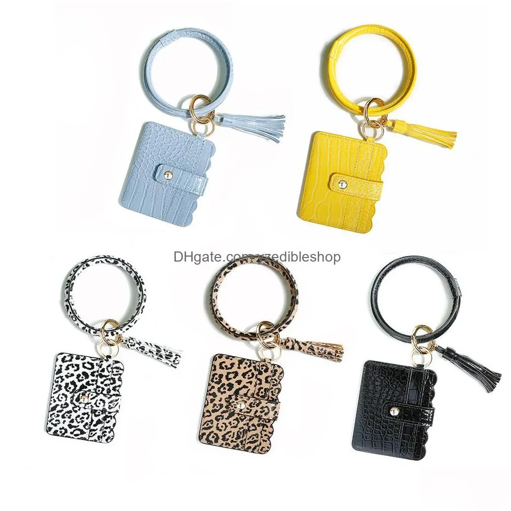 women girls leopard pu leather bracelet key ring bangle keyring tassel ring circle keychain wristlet keyrings with card wallet