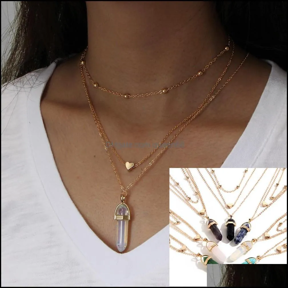  boho womens layered necklaces gold love heart natural stone crystals hexagonal prism bullet quartz point pendant for fashion
