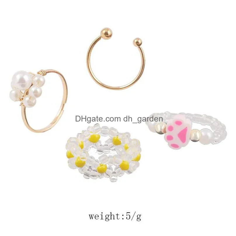 4 pcs/set boho womens transparent yellow glass handmade beaded white pearl weave flower polymer clay cat paw rings set jewelry