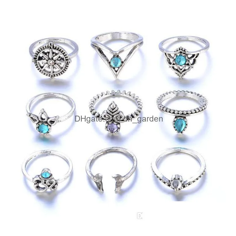 retro 9pcs/ set silver gold boho mermaid tail compass gemstone midi finger knuckle rings for women lady jewelry