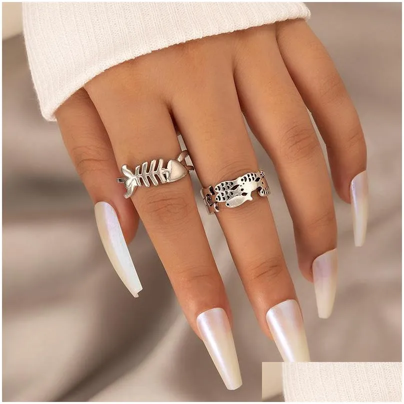 lovely fish silver color joint ring sets for women girls ins trendy alloy metal geoemtry party jewelry 2pcs/sets