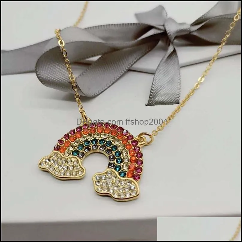 rainbow full cubic zirconia pendant necklace gold chain necklace for women girls fashion jewelry as valentines day giftz