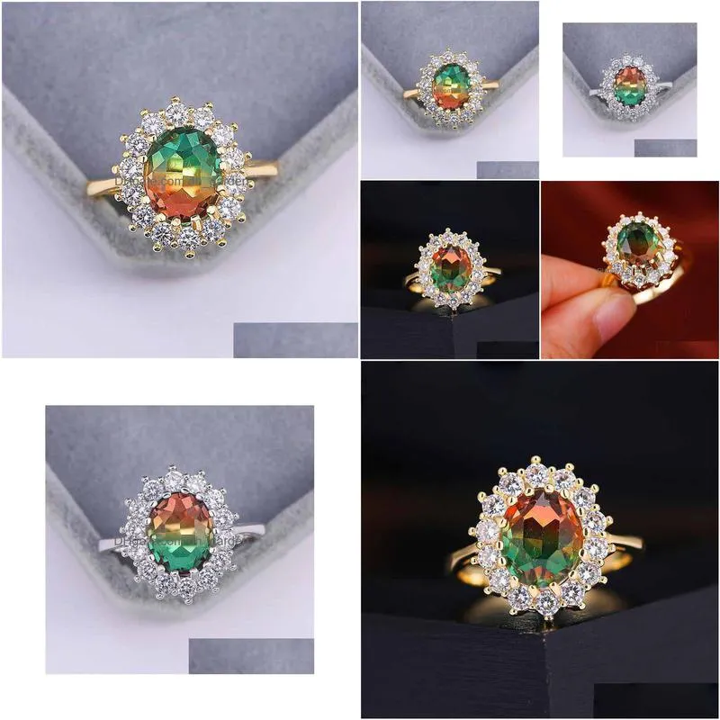 red green stone sunflower rings for women white yellow gold color rainbow fire crystal wedding ring band jewelry