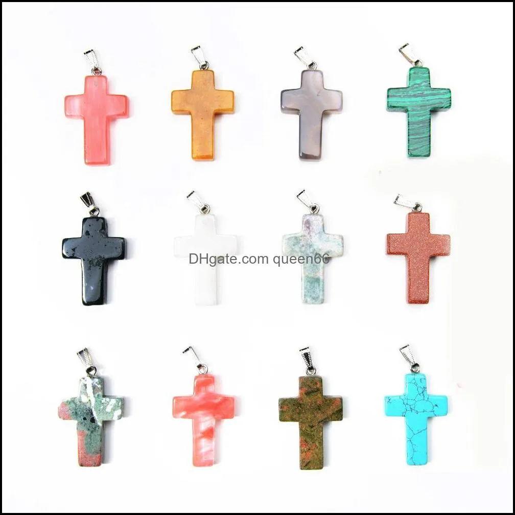 bulk cross shape healing beads pendant crystal natural stone quartz charm for necklaces jewelry making in wholesale