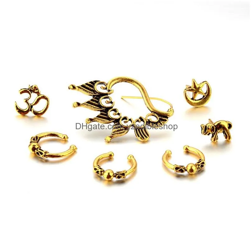 bohemian fashion jewelry vintage earrings set star elephant ear cuff dangle stud earrings 7pcs/set