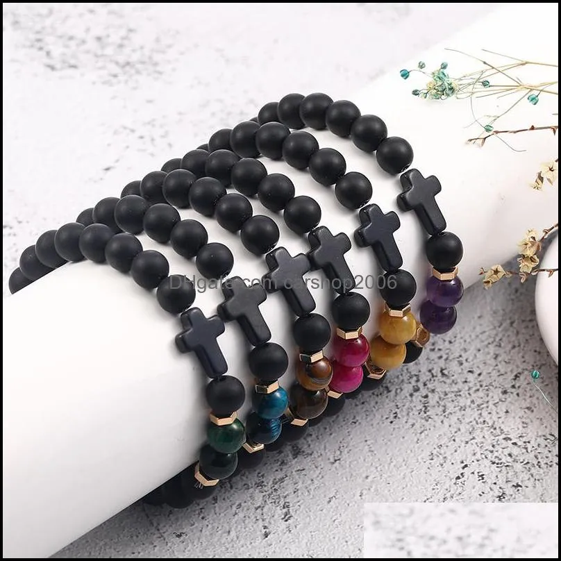 high quality natural stone matte black agate beaded strands bracelet for men handmade elastic adjustable cross charm bangle fashion jewelry