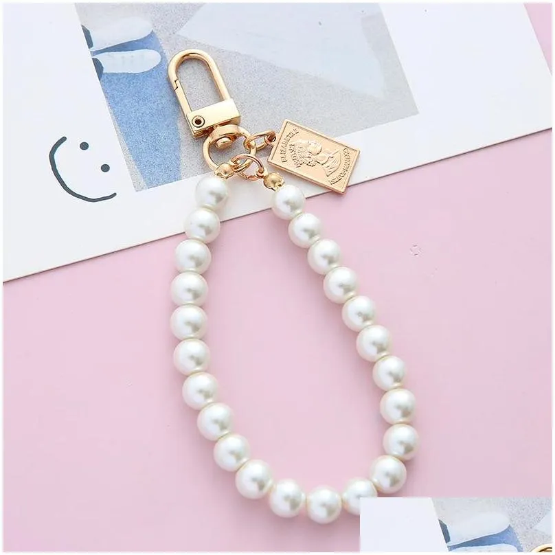 vintage pearl key chain wholesale alloy letter key chain cute diy student bag pendant mobile phone chain pendant