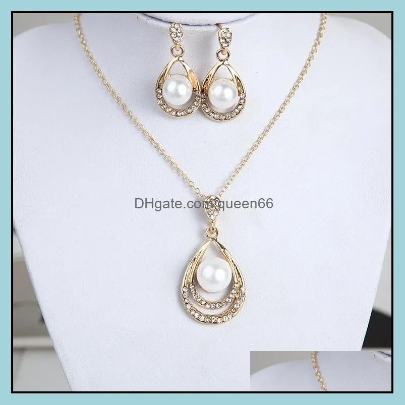fashion pearl jewelry set women wedding crystal drip shape pendant silver necklaces dangle earrings for ladies bride engagement jewelry