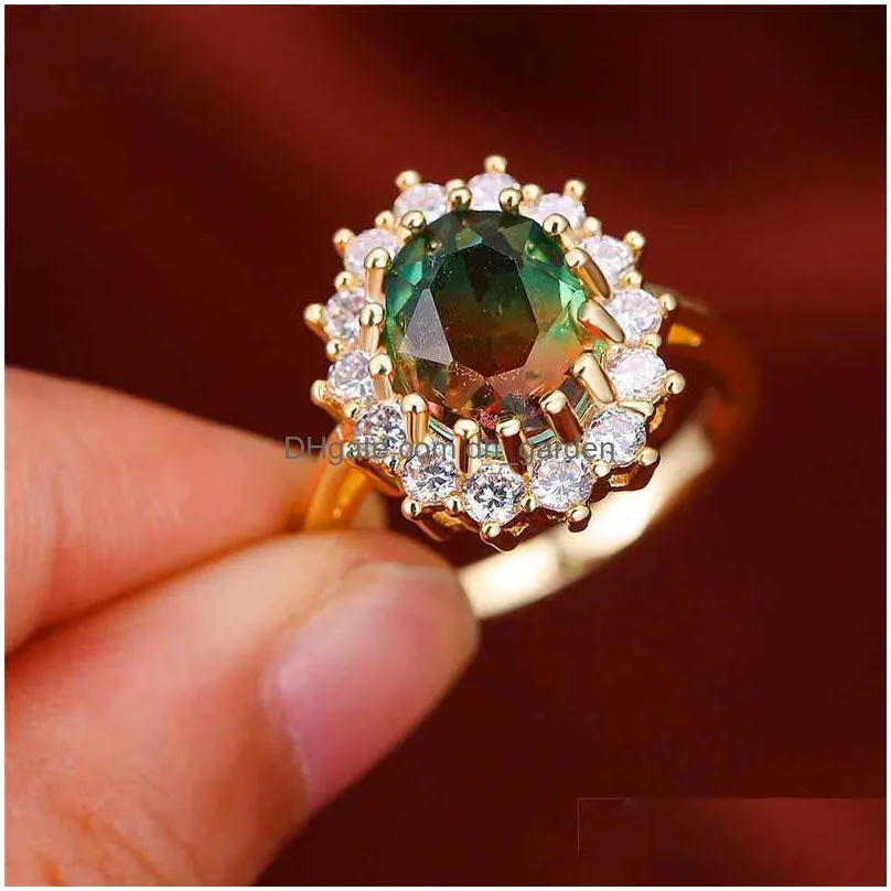 red green stone sunflower rings for women white yellow gold color rainbow fire crystal wedding ring band jewelry