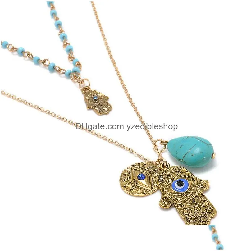 fashion jewelry turkish blue eye turquoise beads pendant necklace double layer sweater necklace