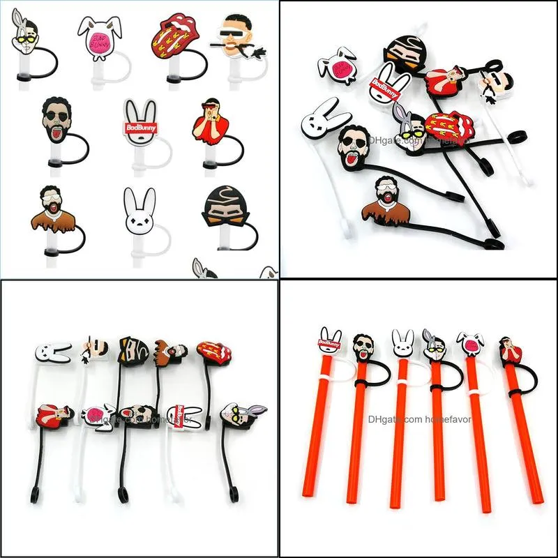10pcs/set bad bunny straw toppers cover molds silicone charms for tumbers reusable splash proof drinking dust plug decorative 8mm straw