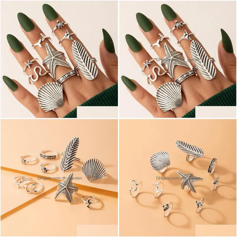 9pcs/sets boho starfish leaf joint ring sets for women men vintage silver color shell alloy metal jewelry