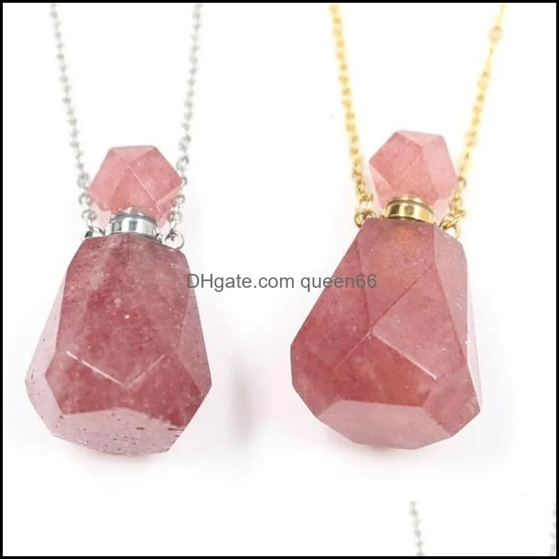 natural strawberry quartz gold silvery perfume bottle pendant necklace for women crystal  oil diffuser bottle jewelry 808 r2