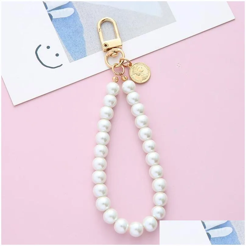 vintage pearl key chain wholesale alloy letter key chain cute diy student bag pendant mobile phone chain pendant