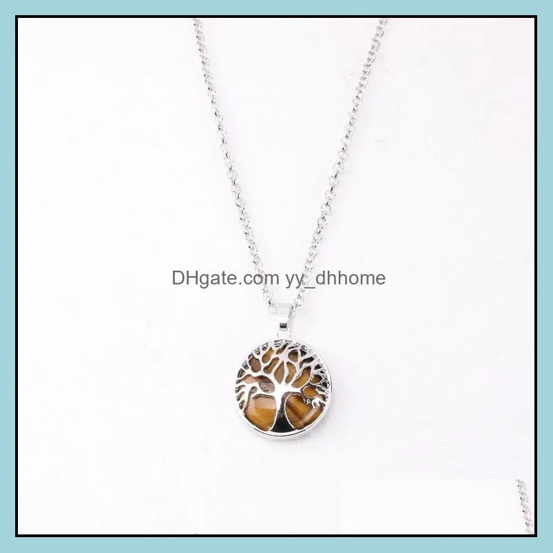 natural stone tree of life necklaces opal tigers eye pink quartz crystal chakra reiki healing pendulum penant necklace