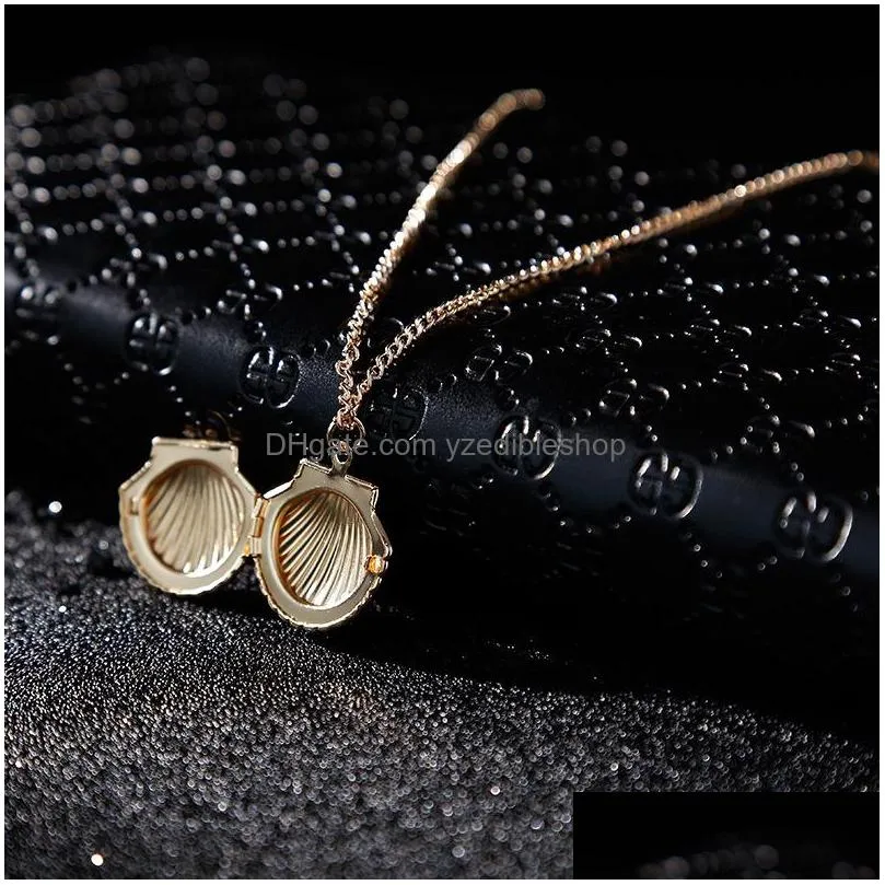 fashion jewelry vintage scallop openable locket p o box shell pendant necklace sweater necklaces