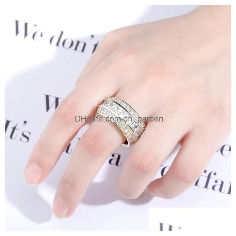 hip hop three row square diamond mens ring gold plated hip hop diamond ring gift for men