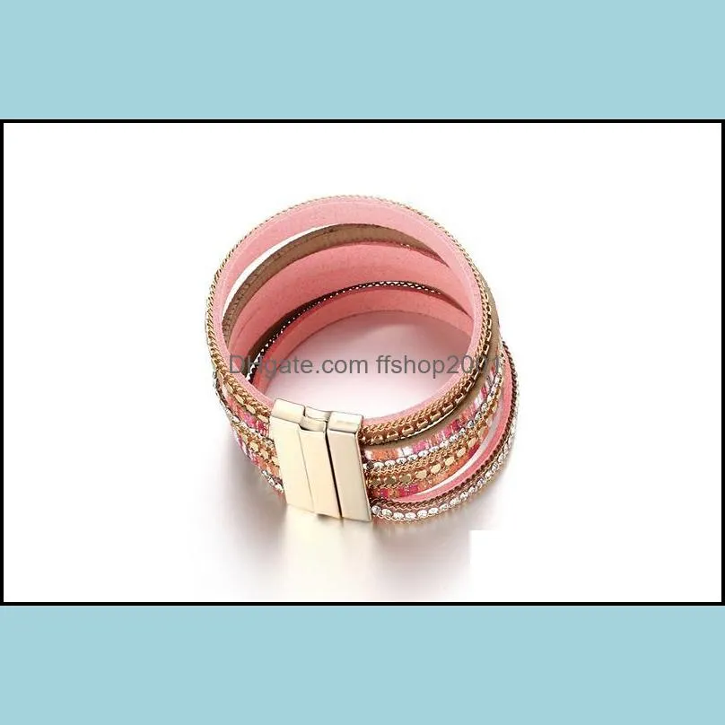  fashion surround multilayer pu leather bangle bracelet for women rhinestone magnet buckle bracelets valentines day jewelry