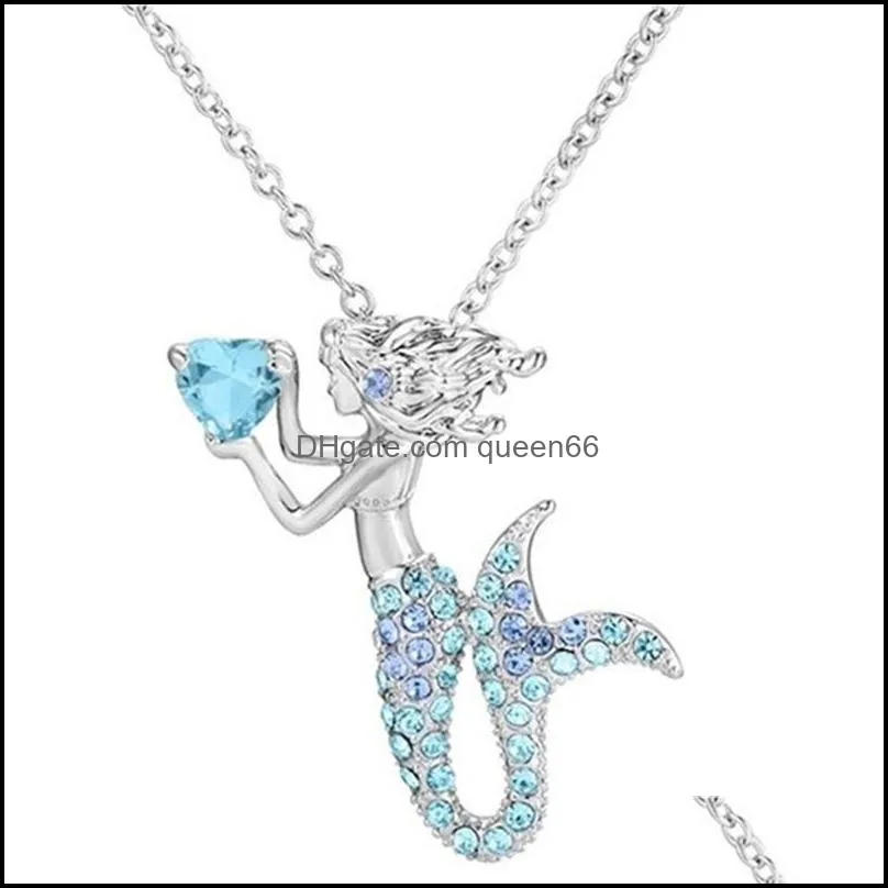 mermaid pendants necklace alloy silver plating clavicular chain charms women rhinestone necklaces fashion jewelry white blue 3 2hja l2