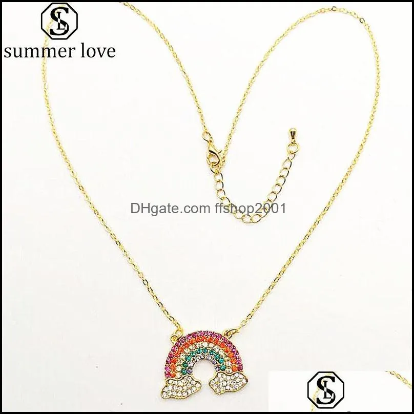 rainbow full cubic zirconia pendant necklace gold chain necklace for women girls fashion jewelry as valentines day giftz