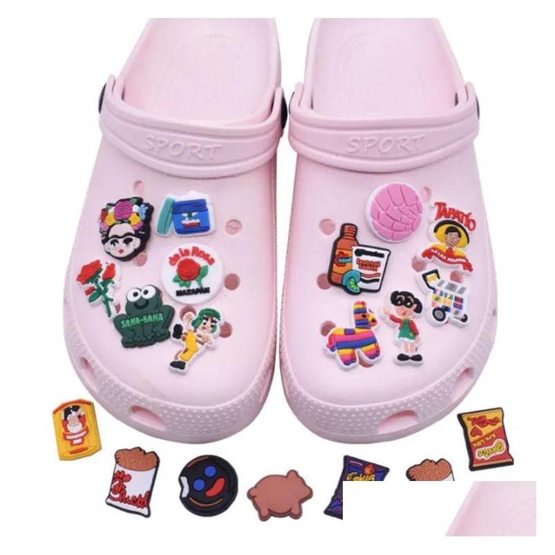 wholesale 100pcs/lot custom mexican style pvc shoe charms pvc shoecharms buckle soft rubber for croc shoes decorations