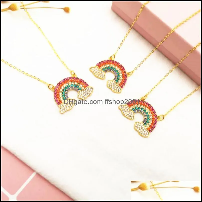 rainbow full cubic zirconia pendant necklace gold chain necklace for women girls fashion jewelry as valentines day giftz