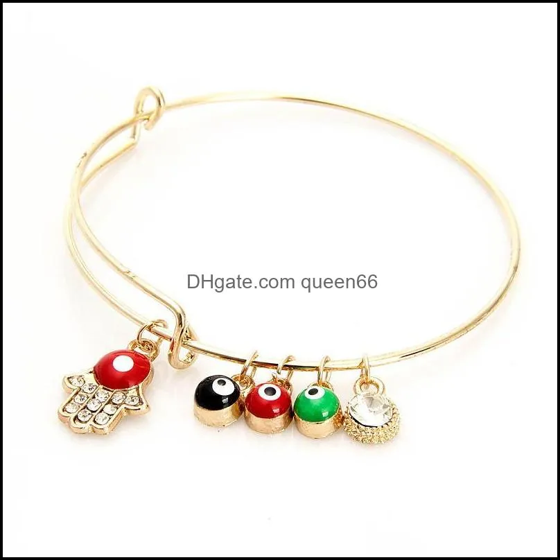 korean expandable wire bangle with hand of fatima red black green evil eye charm stretch bracelets for women ladies fashion craft