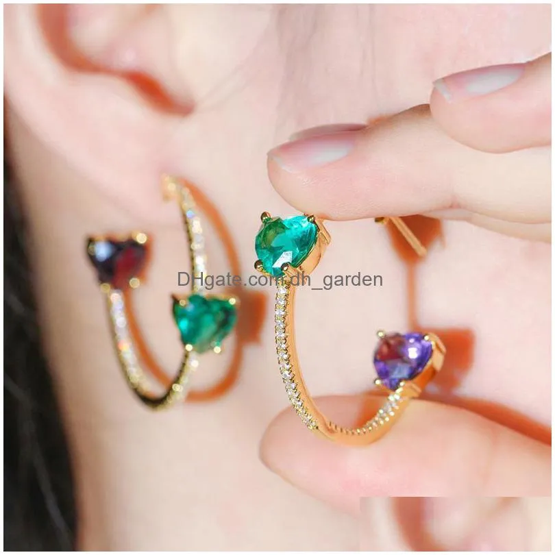 beaqueen brilliant double side big heart cut green purple crystal round circle hoop earrings cubic zirconia women jewelry