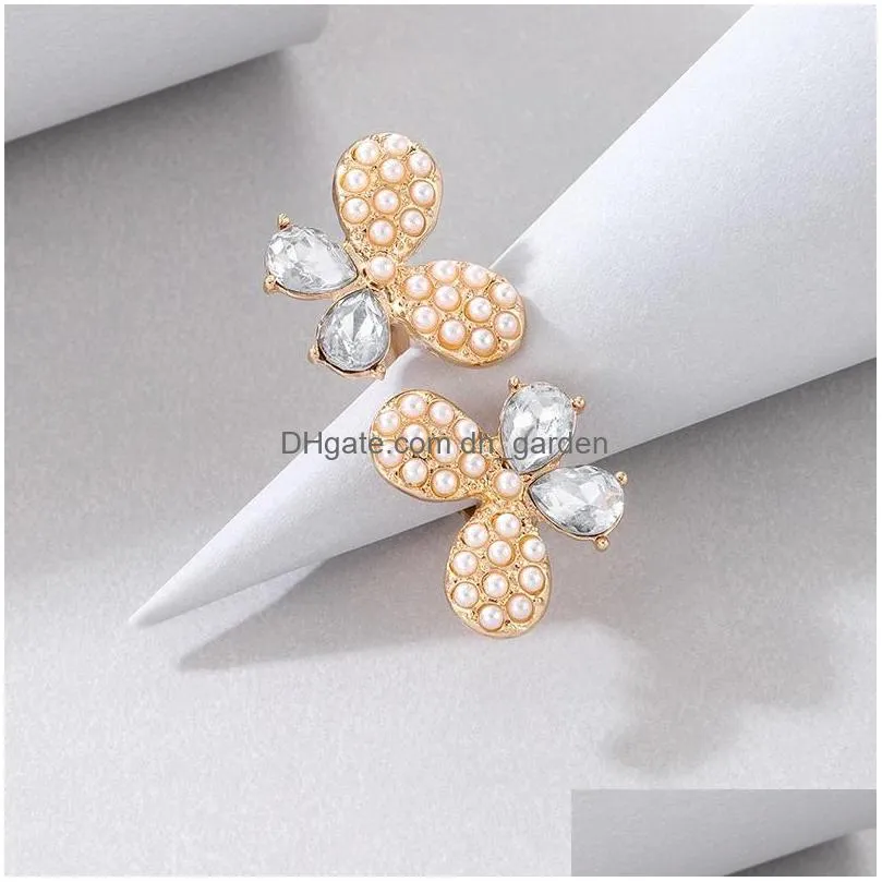 elegant pearl stone butterfly single ring for women girls shiny crystal geoemtry alloy metal party jewelry anillo