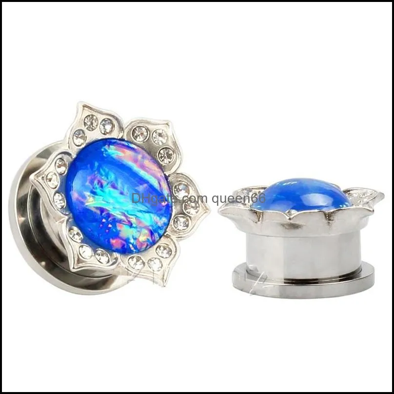 6pcs/set mix color fire opal stone ear plugs tunnels blue flower opal ear tunnel crystal silver surgical steel ear piercing expander 2233
