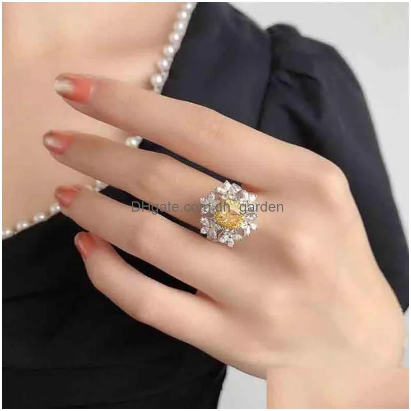 fashion charm flower rings inlay square yellow crystal zircon adjustable size two tone jewelry for women wedding engagement