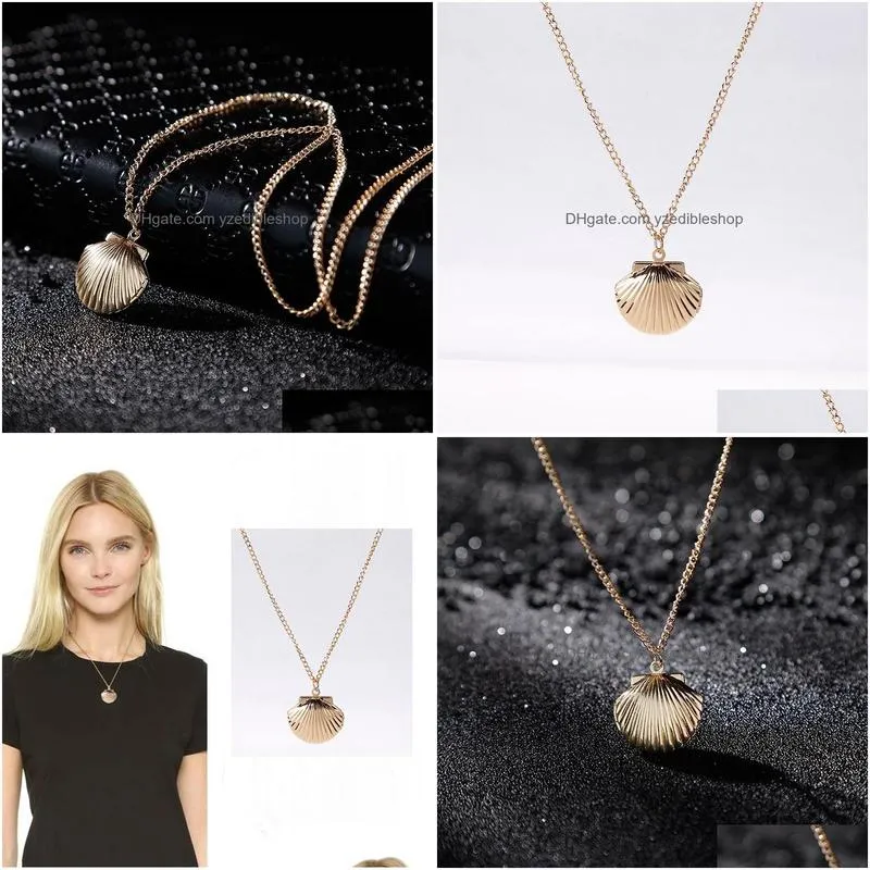 fashion jewelry vintage scallop openable locket p o box shell pendant necklace sweater necklaces