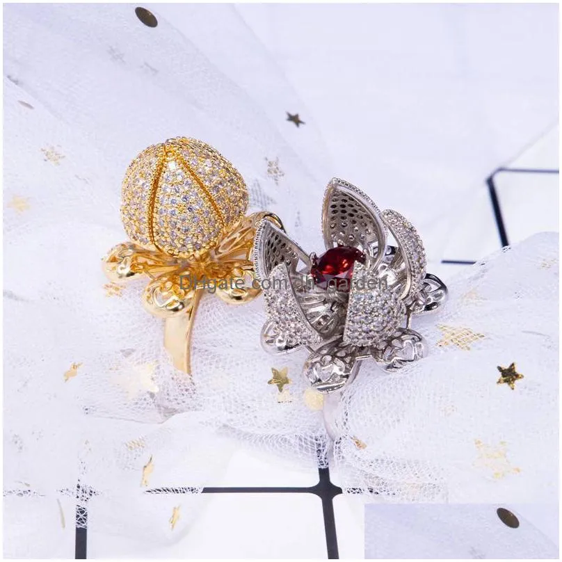 exquisite creative blooming flowers stop butterfly ring 925 silver jewelry luxury gold shiny zircon women wedding rings