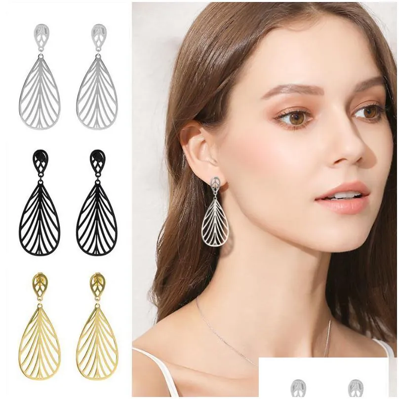 skyrim fashion cutout tree leaf drop earrings black golden stainless steel bohemian long dangle earring jewelry gift for women