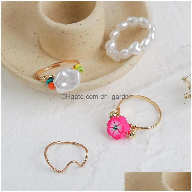 4 pcs/set cute polymer clay flower white heart pearl handmade beaded gold color metal rings set for women party jewelry gifts
