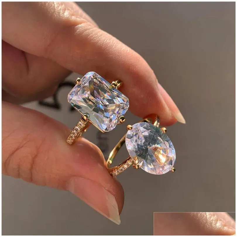 trendy female crystal square oval ring charm gold color thin wedding rings for women dainty bride white zircon engagement