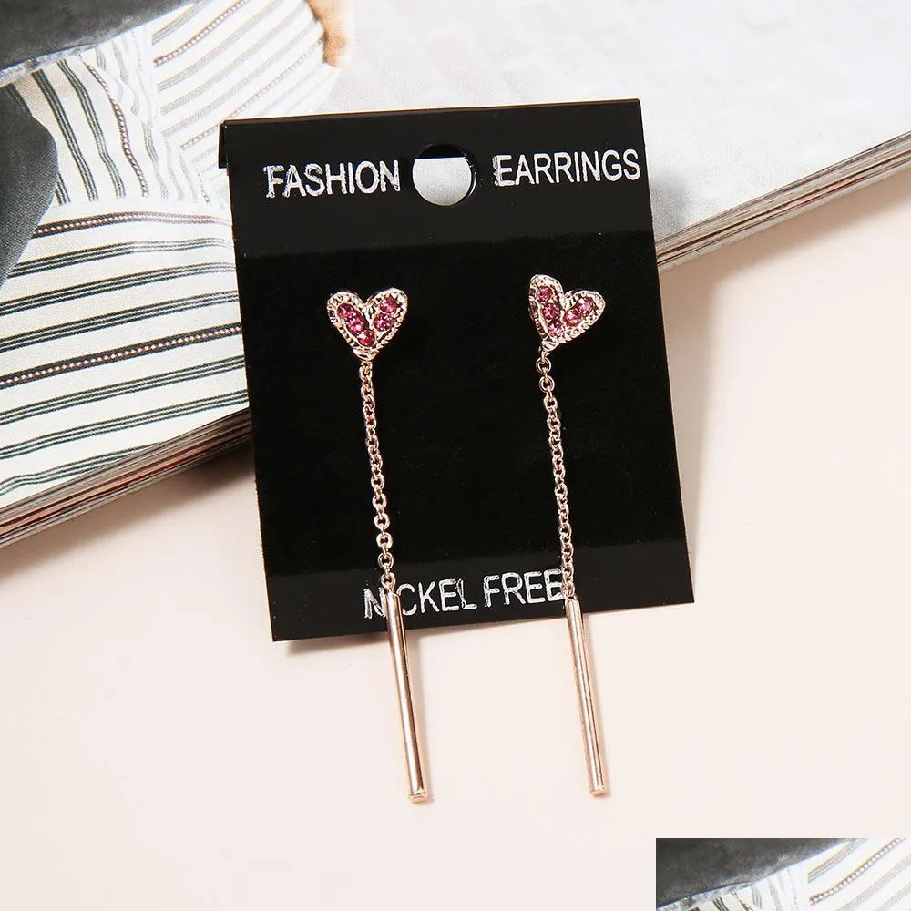 fashion jewelry s925 silver post rhinstone cute heart earrings tassel dangle stud earrings