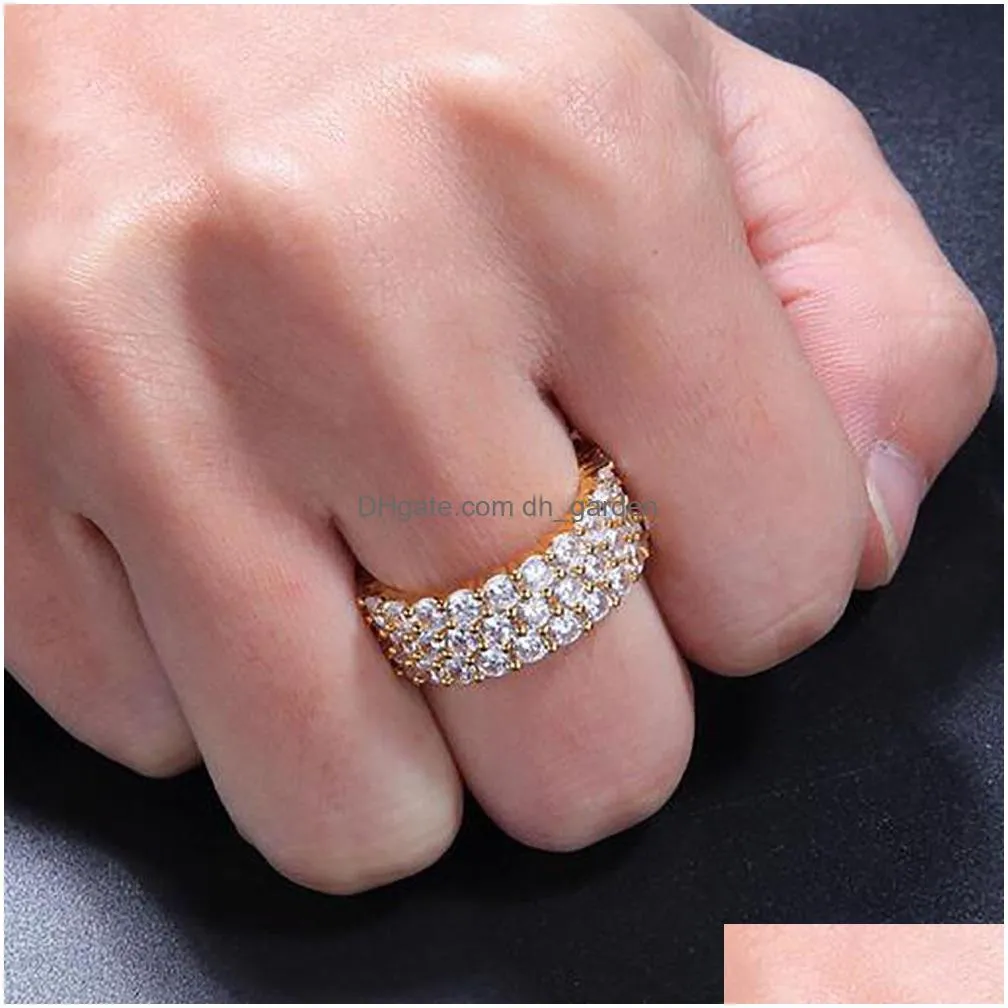 3 row 360 eternity rings 18k gold silver color plated rings micro paved zircon hip hop finger ring for men women