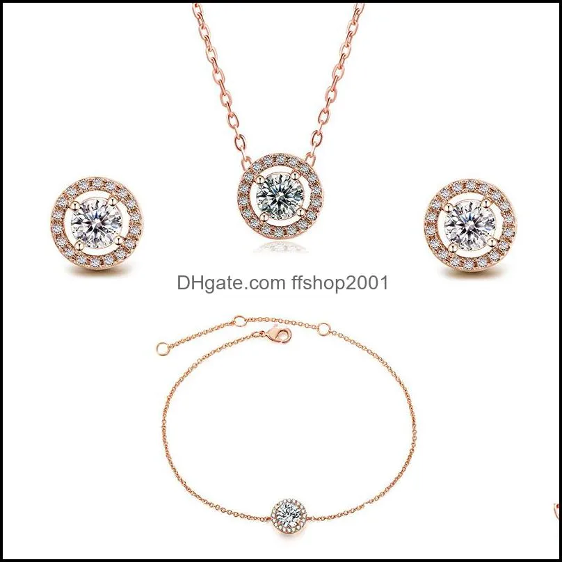  arrival round cubic zirconia stud earring necklace bracelet for women rose gold silver crystal earring fashion jewelry set gift