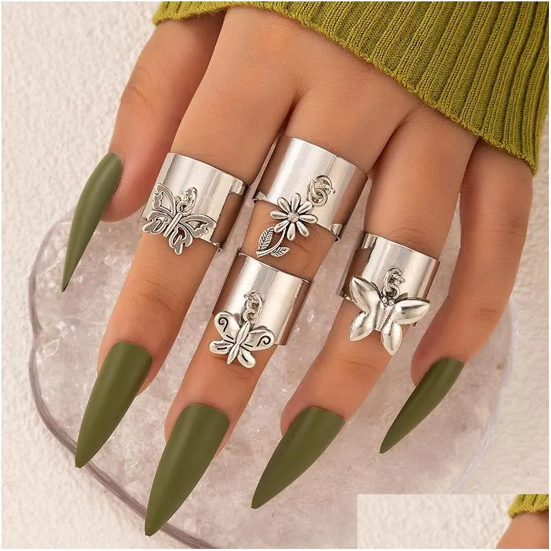 flowers butterfly finger rings for women vintage silver color metal knuckle ring set jewelry anillo accessories 2022