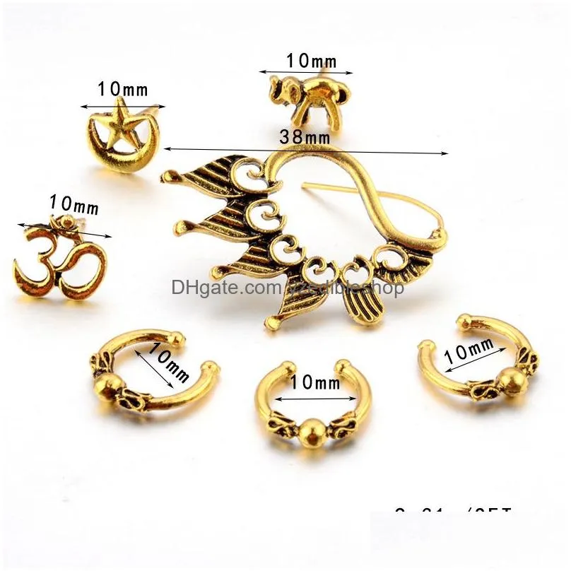 bohemian fashion jewelry vintage earrings set star elephant ear cuff dangle stud earrings 7pcs/set