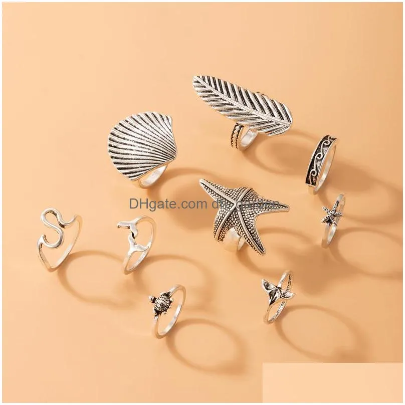 9pcs/sets boho starfish leaf joint ring sets for women men vintage silver color shell alloy metal jewelry