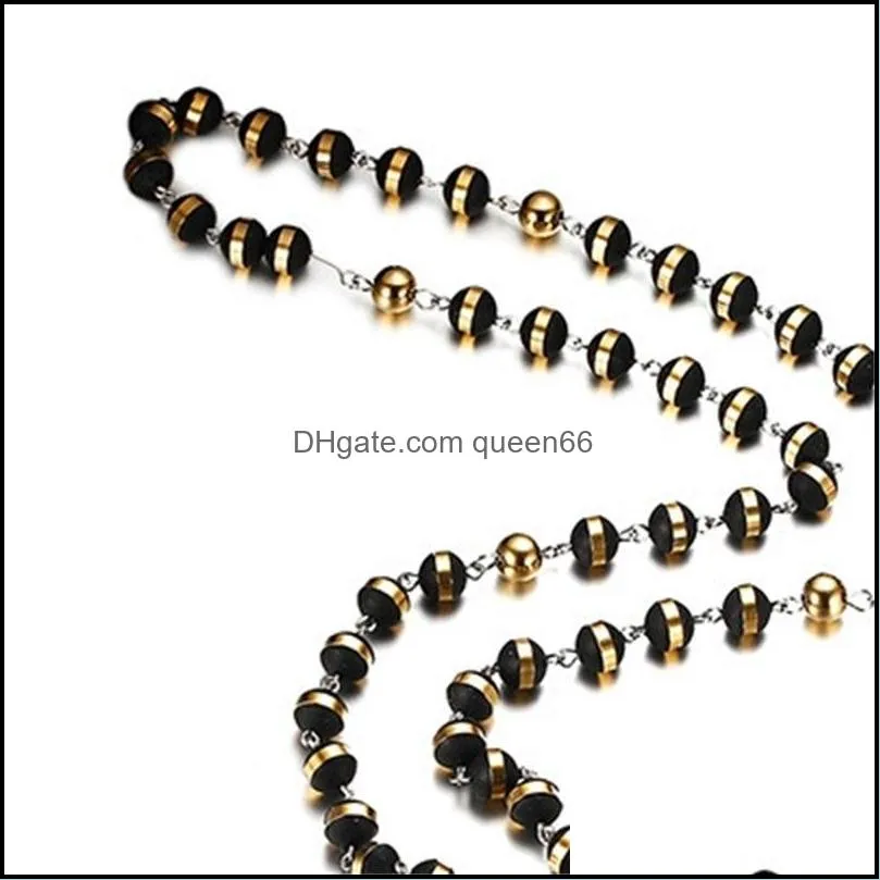 black/gold color long rosary necklace for men women stainless steel bead chain cross pendant womens mens gift jewelry 418 q2