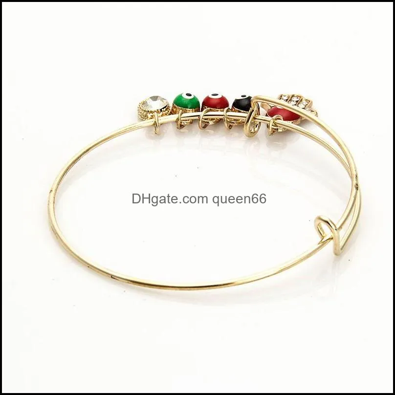 korean expandable wire bangle with hand of fatima red black green evil eye charm stretch bracelets for women ladies fashion craft