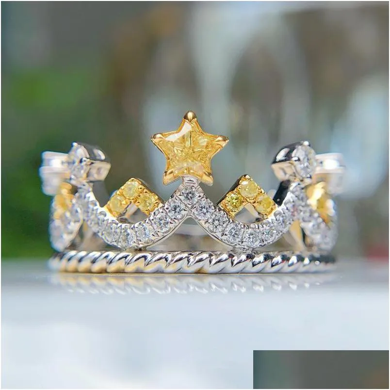 fashion crown rings with stars yellow zircon two color jewelry womens wedding party luxury exquisite accessories gifts