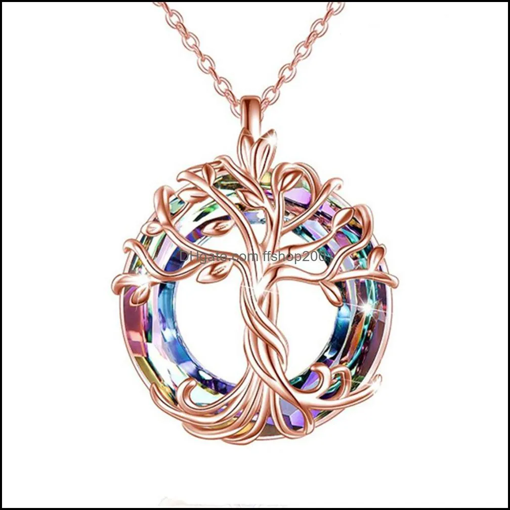 silver celtic family tree of life necklace for women round rainbow crystal pendant birthday gift for girls friends mom wholesale